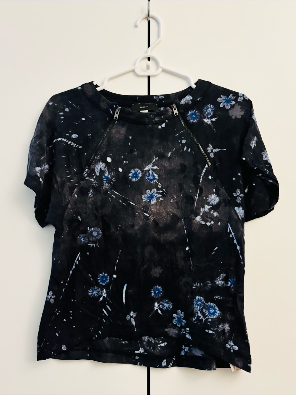 Diesel Floral Burnout Print Top w/ Zipper Details